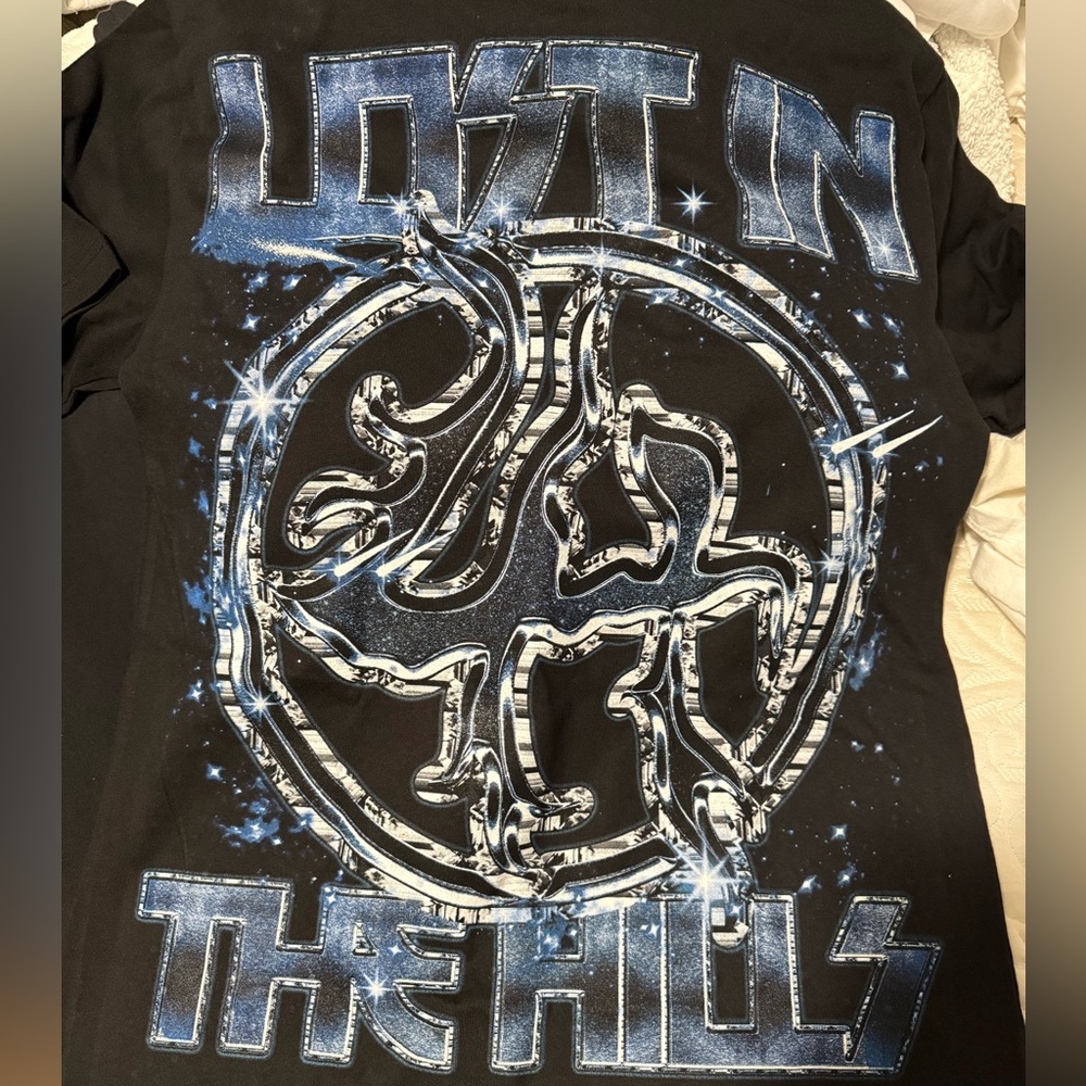 Edgy Black and Blue Short Sleeve Tee with Tribal Design